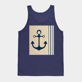 Nautical Boat Yacht Ship Anchor Burlap Navy Blue White Stripes Pattern Tank Top